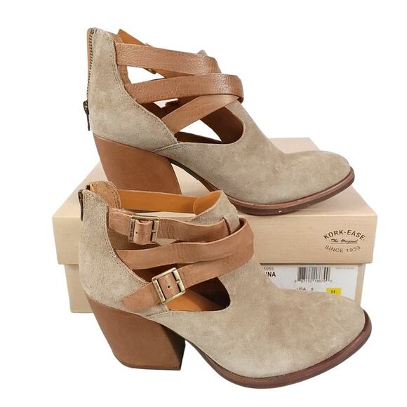 Kork-ease Stina Boots Leather Strappy Heeled Booties Taupe Beige Cutout Fall - Picture 1 of 13
